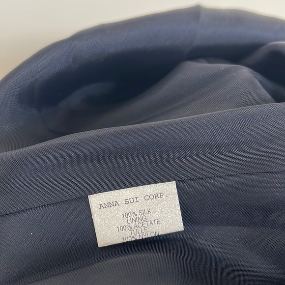 ANNA SUI Strapless  Fit And Flare Empire Waist Silk Dress Navy Floral Size 4 - Picture 7 of 15